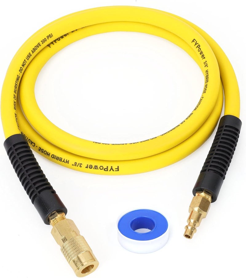 FYPower Air Compressor Whip Hose 3/8 Inch x 6 Feet Lead in Hybrid Hose with Fittings, Flexible and Kink Resistant, 1/4" Industrial Quick Coupler and Plug Kit - Yellow - Image 1
